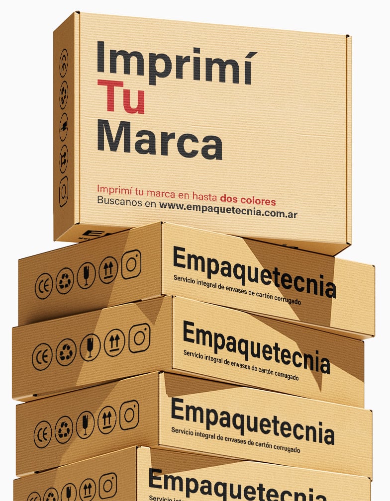 Cajas de cartón corrugado impresas, apiladas, con ejemplo de impresión de hasta dos colores
